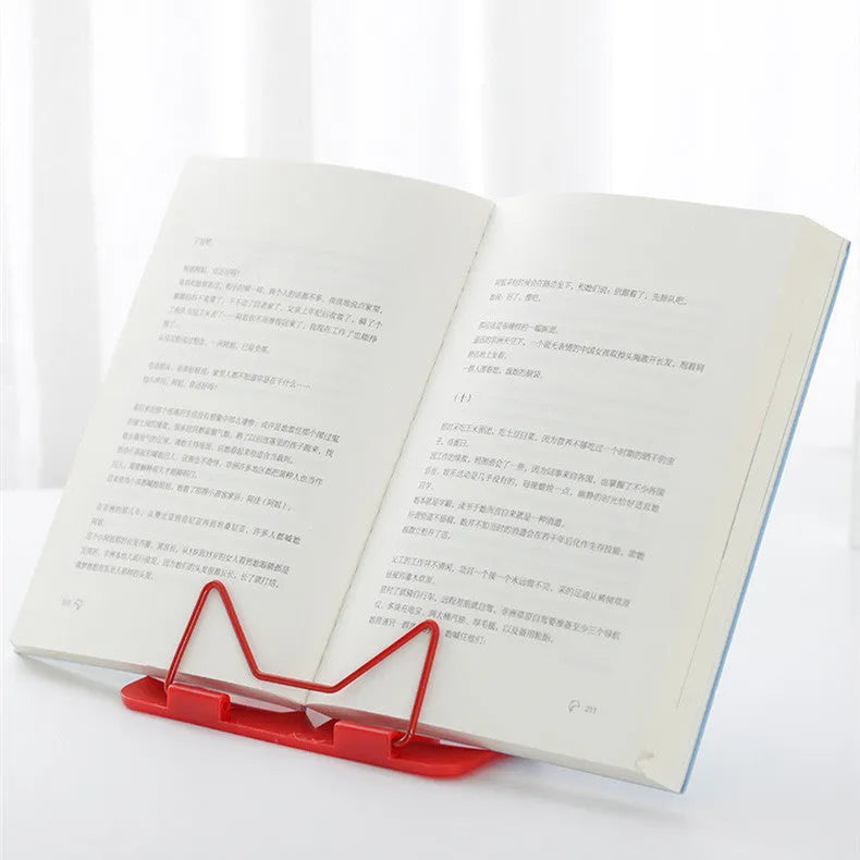 Blue adjustable reading frame holding a book upright at 16 x 17.5 cm with metal and plastic construction