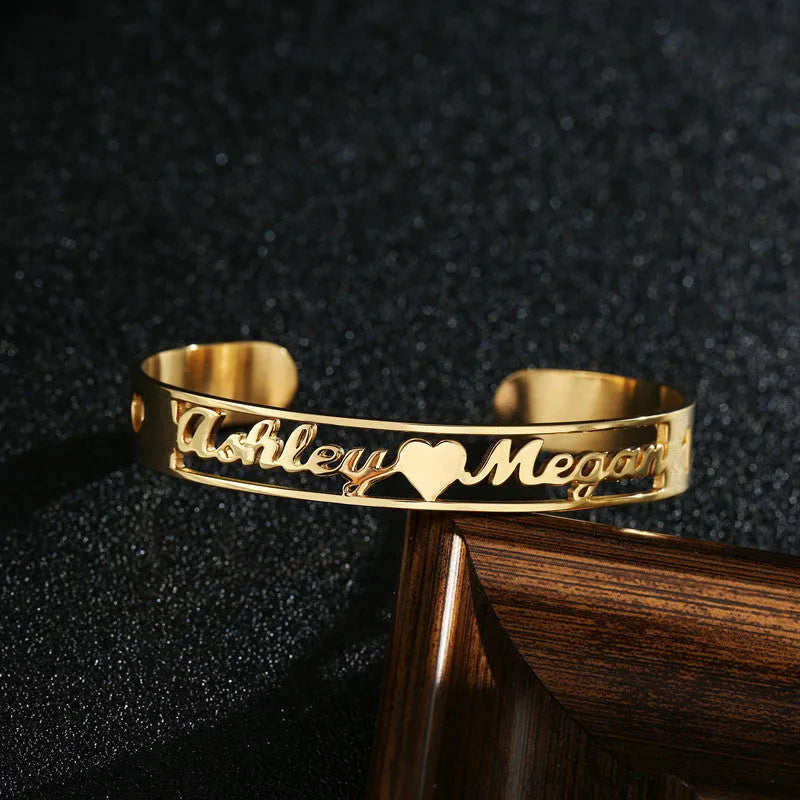 Customized name bracelet in stainless steel with silver, gold, or rose gold finish and 3mm, 6mm, or 10mm size options.