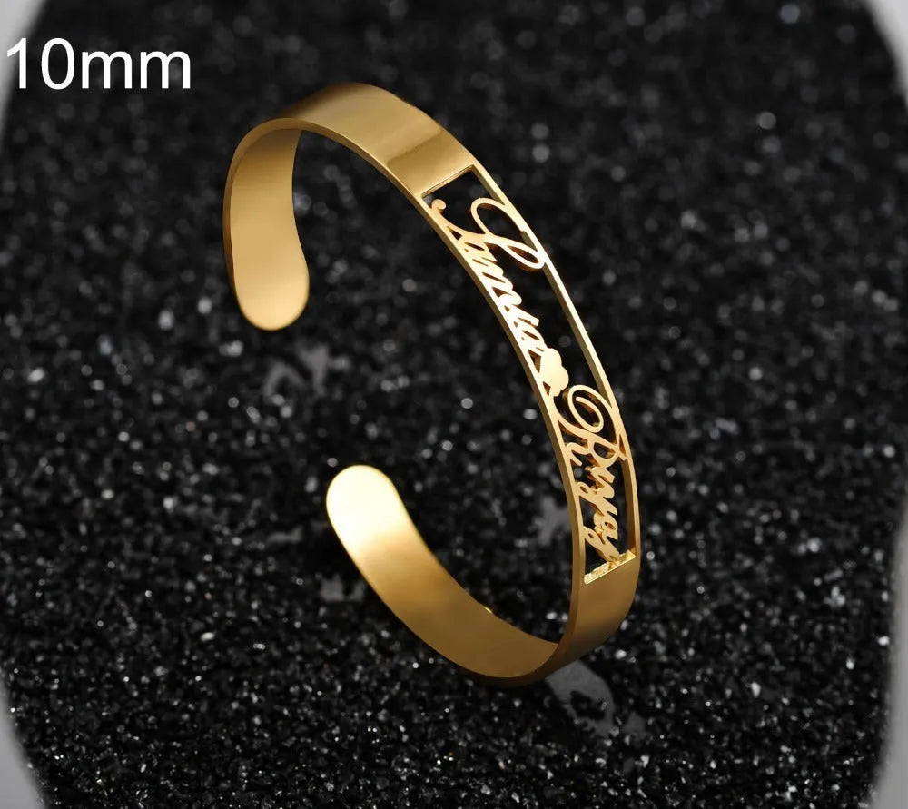 Customized name bracelet in stainless steel with silver, gold, or rose gold finish and 3mm, 6mm, or 10mm size options.