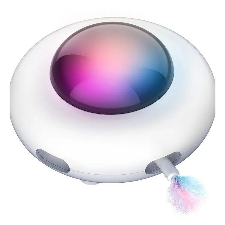 UFO electric cat toy with vibration activation, showing UFO body, feathers, and cleaning rings on a surface