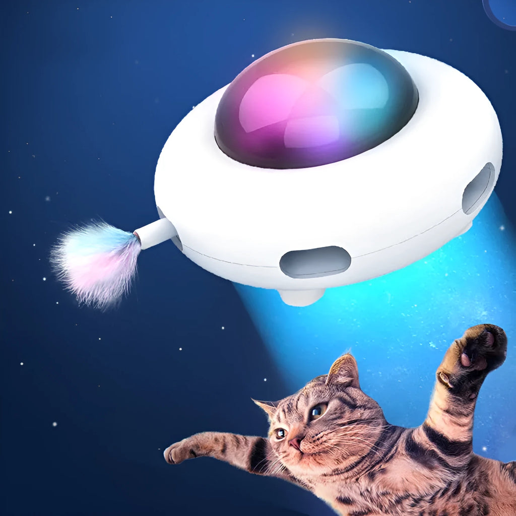 UFO electric cat toy with vibration activation, showing UFO body, feathers, and cleaning rings on a surface