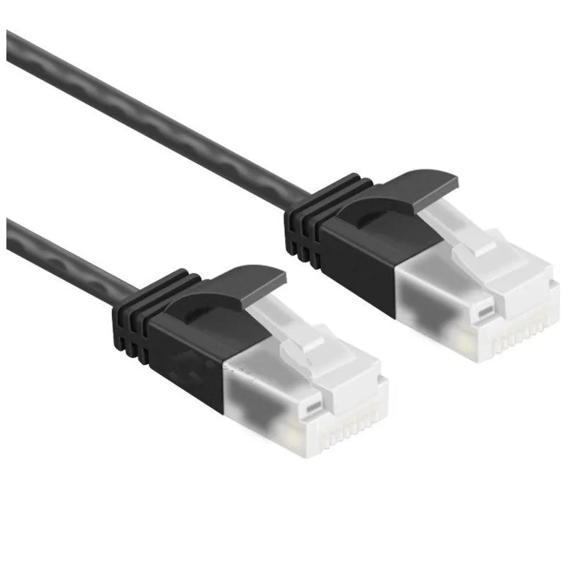 Superfine ultra slim Cat6 Ethernet cable with right angle RJ45 connector in straight, left, right, up, or down orientation.