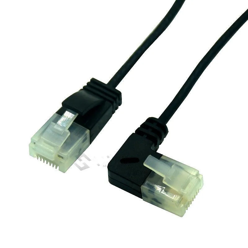 Superfine ultra slim Cat6 Ethernet cable with right angle RJ45 connector in straight, left, right, up, or down orientation.
