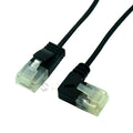Superfine ultra slim Cat6 Ethernet cable with right angle RJ45 connector in straight, left, right, up, or down orientation.