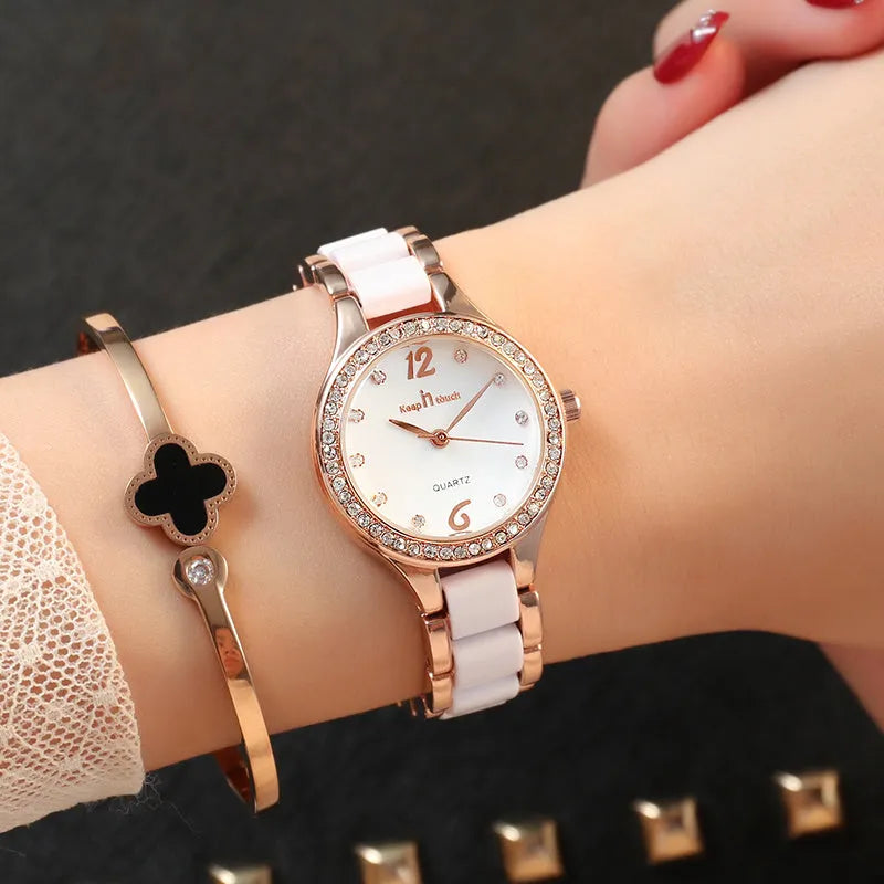 Women Watches Luxury Quartz Female Wrist Watches Fashion Casual Diamond Ladies Watch Gifts For Women Clock With Box Reloj Mujer Alloy Ceramic 28mm Gold Silver 30m Waterproof Mineral Glass