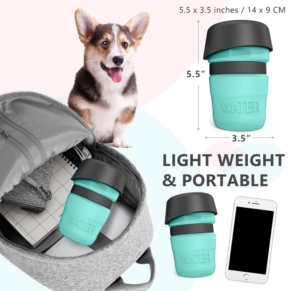 Foldable dog travel water bottle 520ml with fold-cap bowl, food-grade silicone and HDPE, Blue Rose Red Tiffany Blue