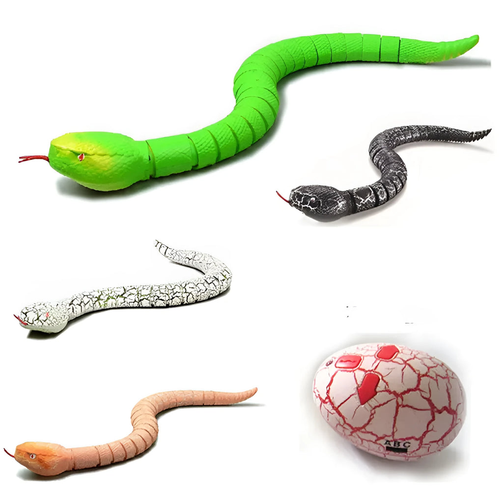 Black and grey cobra snake toy robot with remote control, USB charging cable, and batteries