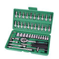 Green plastic box containing a 46-piece alloy steel socket and wrench set for car repair.