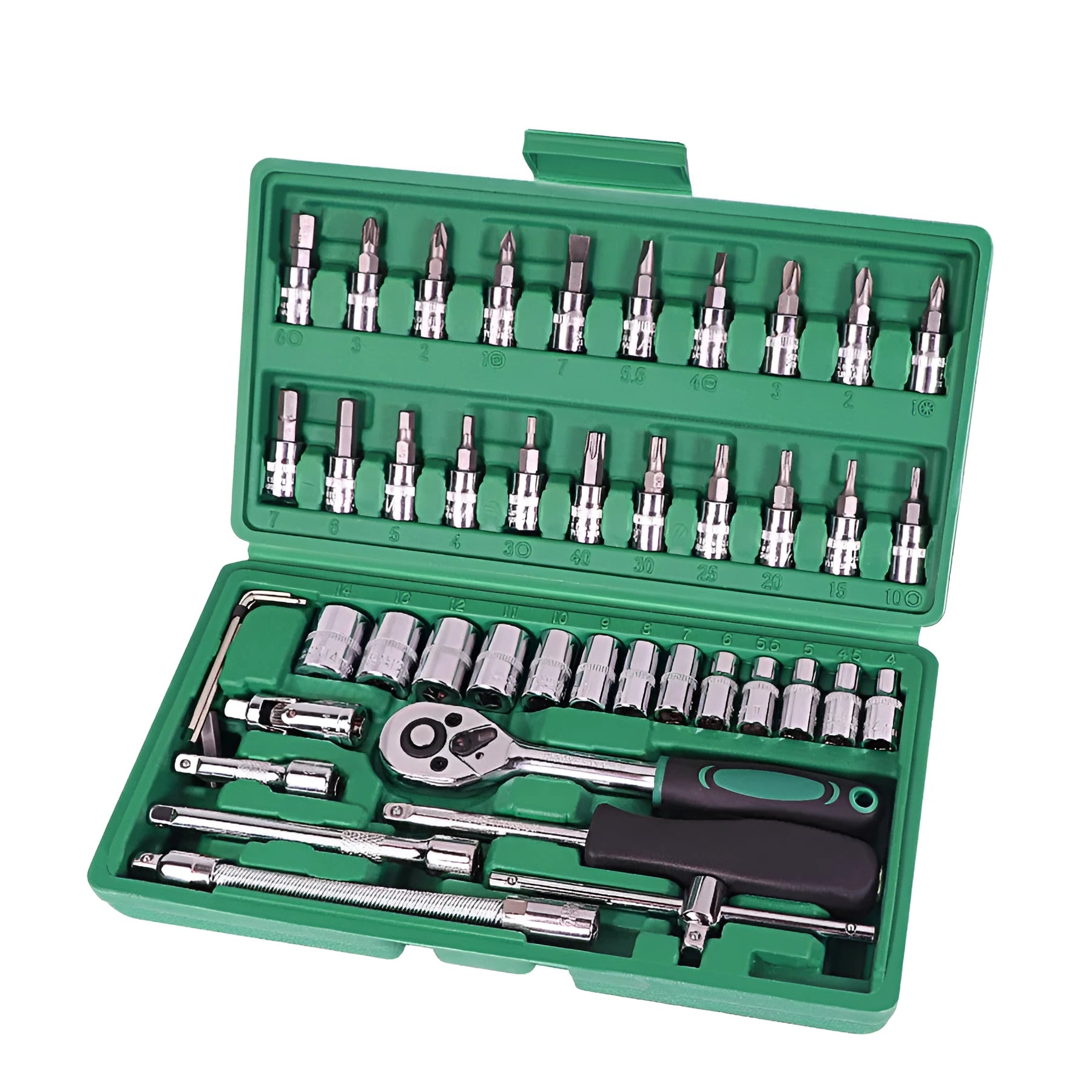 Green plastic box containing a 46-piece alloy steel socket and wrench set for car repair.