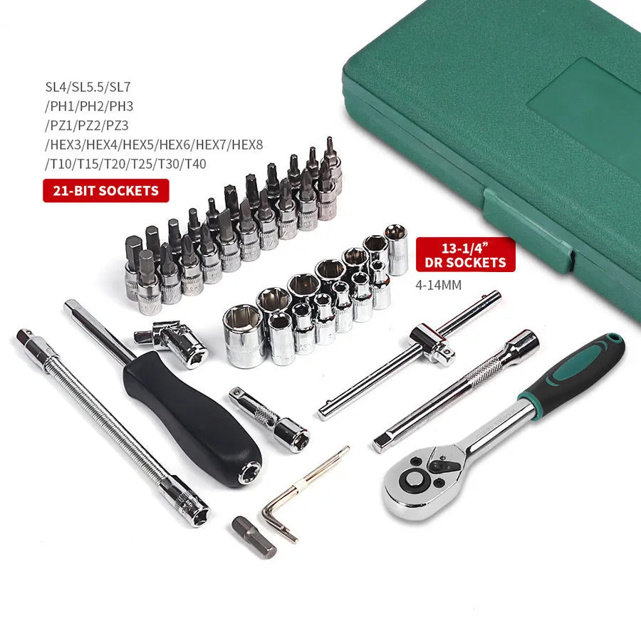 Green plastic box containing a 46-piece alloy steel socket and wrench set for car repair.