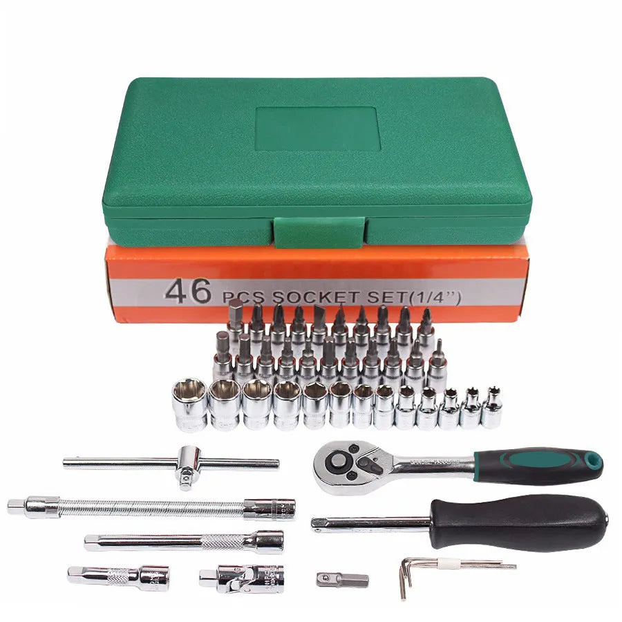 Green plastic box containing a 46-piece alloy steel socket and wrench set for car repair.