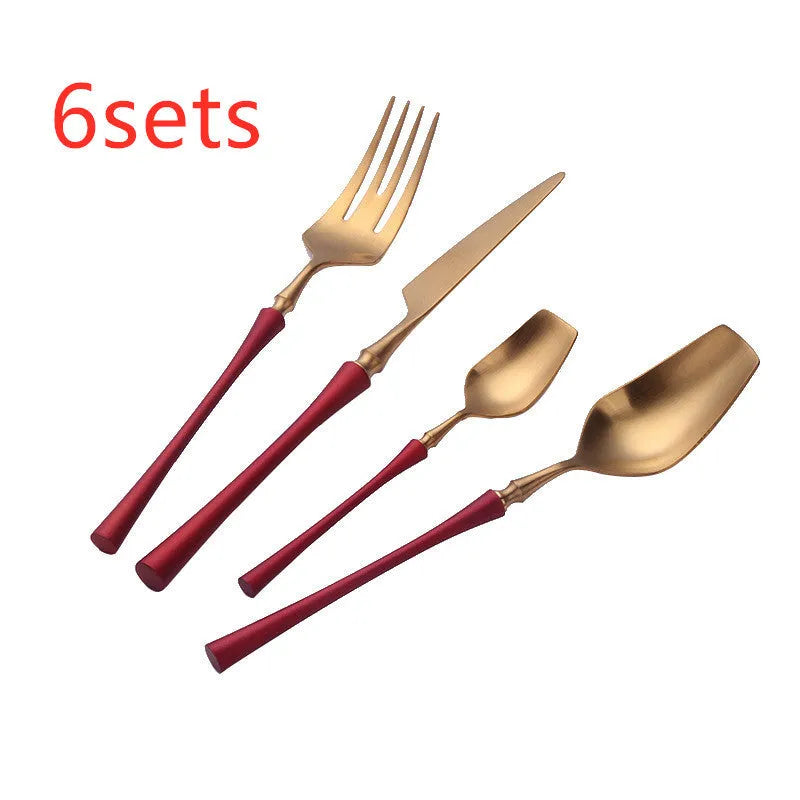 Stainless steel cutlery set with main knife, main fork, main spoon, and teaspoon in silver finish