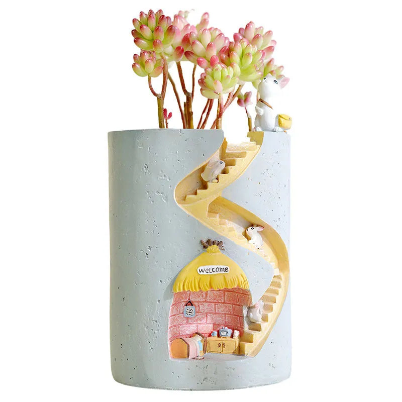 Cartoon resin succulent flower pot in Hedgehog or Rabbit style for desktop home gardening