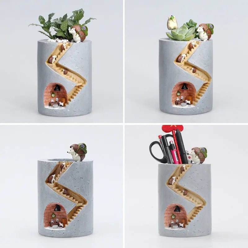 Cartoon resin succulent flower pot in Hedgehog or Rabbit style for desktop home gardening