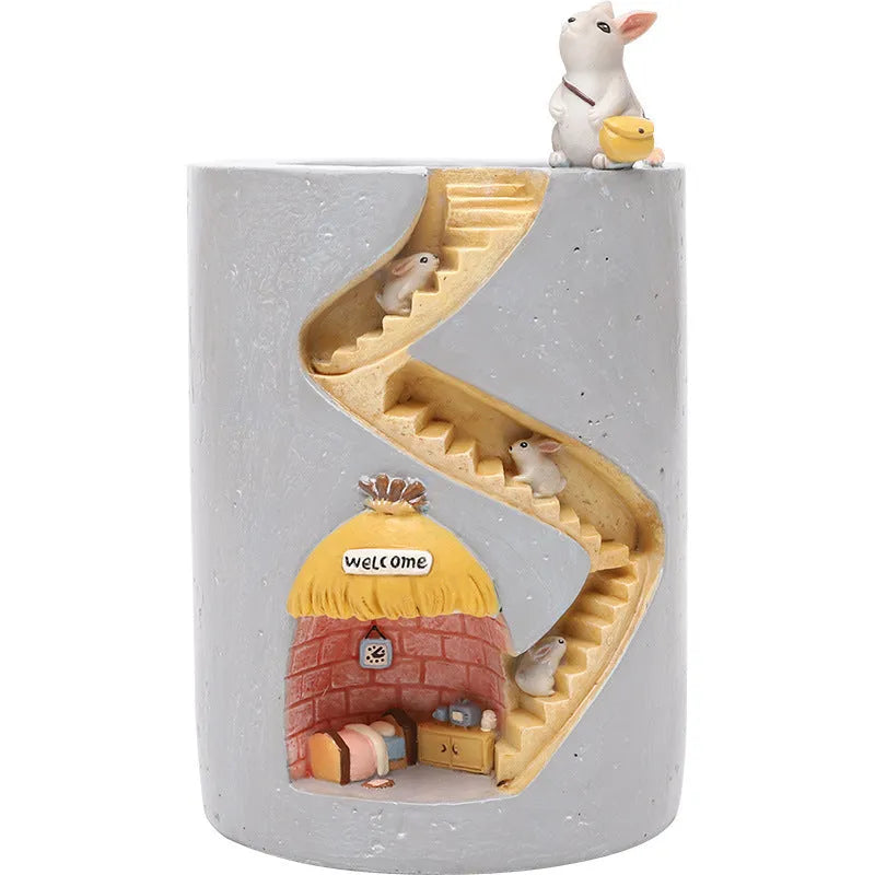 Cartoon resin succulent flower pot in Hedgehog or Rabbit style for desktop home gardening