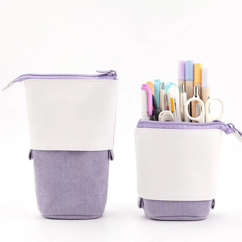 Corduroy retractable pencil case in round plain design with PU leather trim, green colour option
