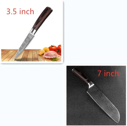 Carpenter's Special kitchen knife with laser Damascus pattern blade and coloured wood handle
