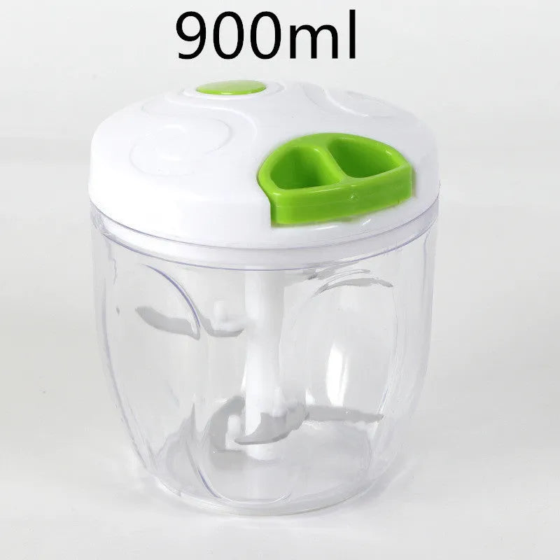 Green manual kitchen chopper and meat grinder with three blades, showing 500ml capacity.