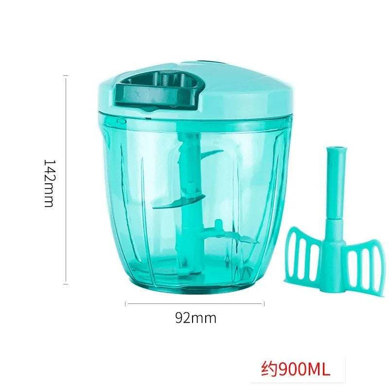 Green manual kitchen chopper and meat grinder with three blades, showing 500ml capacity.
