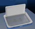 Large PVC dog urinal with wall-mount standard, shown in blue grey or white, for indoor pet toileting