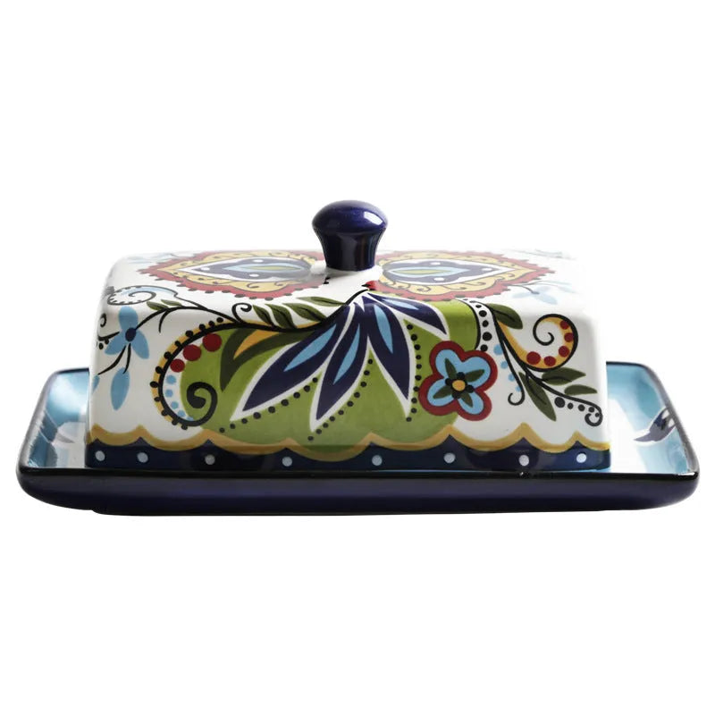 Square ceramic butter box with floral pattern and lid for cutlery storage