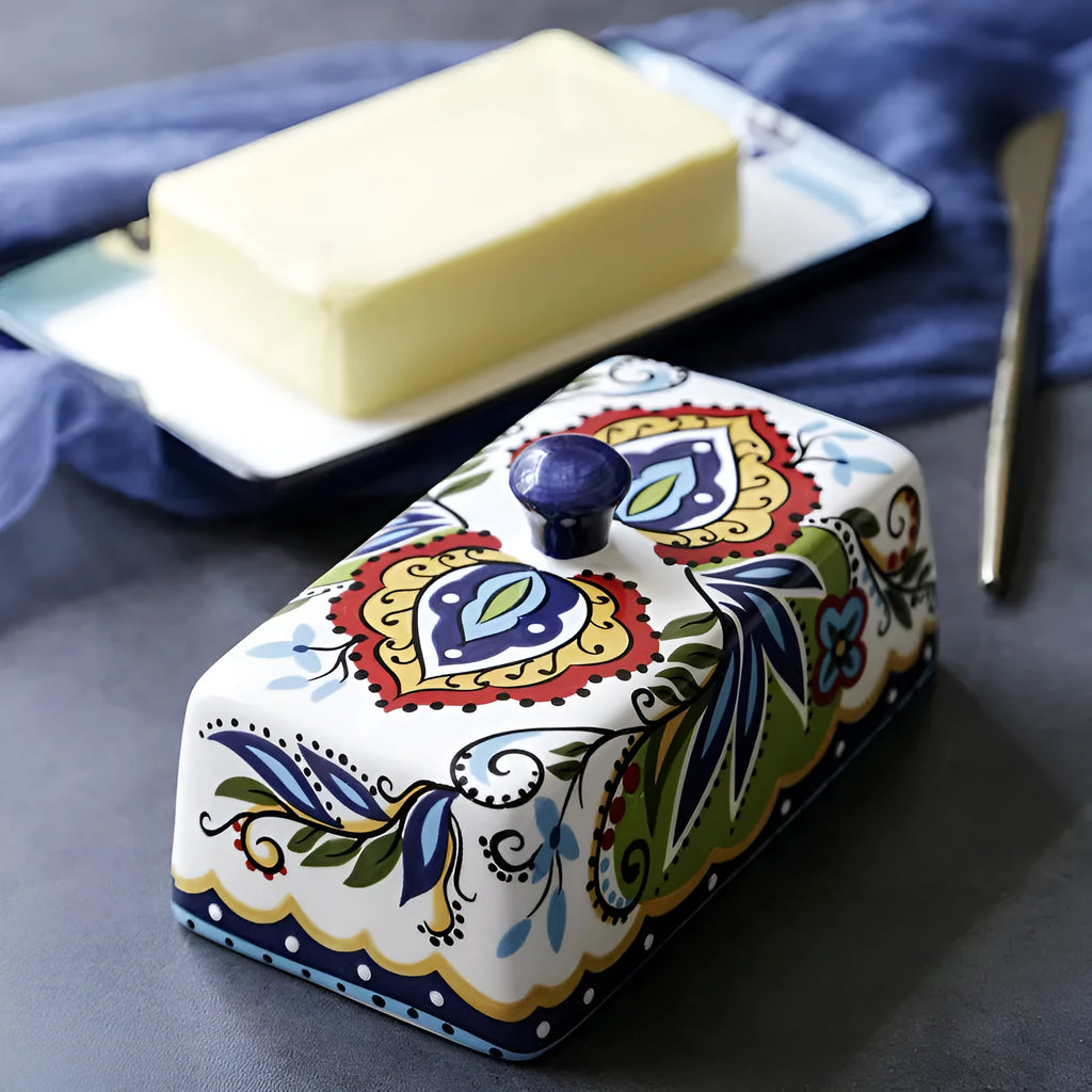 Square ceramic butter box with floral pattern and lid for cutlery storage