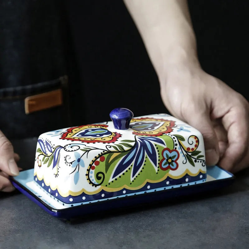 Square ceramic butter box with floral pattern and lid for cutlery storage