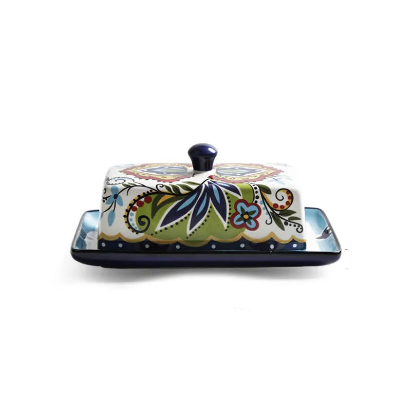 Square ceramic butter box with floral pattern and lid for cutlery storage