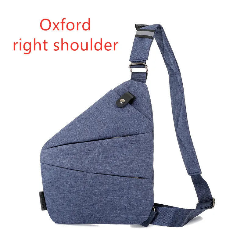 Canvas chest bag for men in black Oxford cloth with zipper closure, worn across the chest for anti-theft security