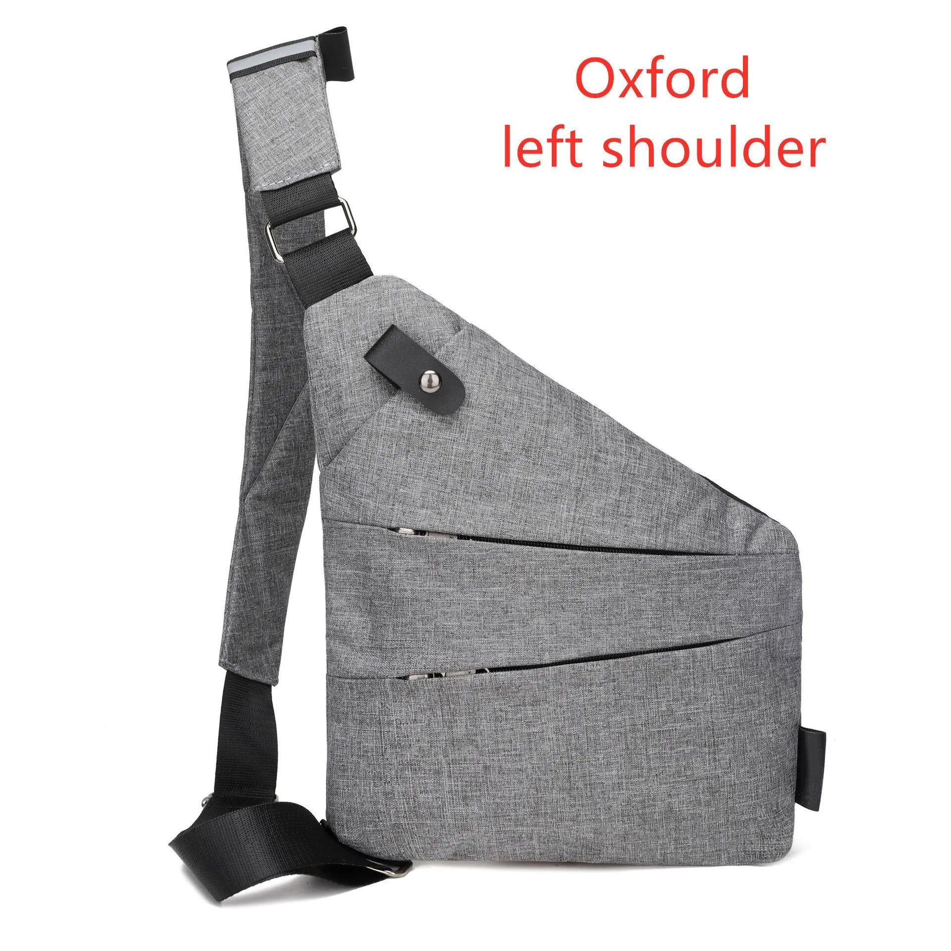 Canvas chest bag for men in black Oxford cloth with zipper closure, worn across the chest for anti-theft security