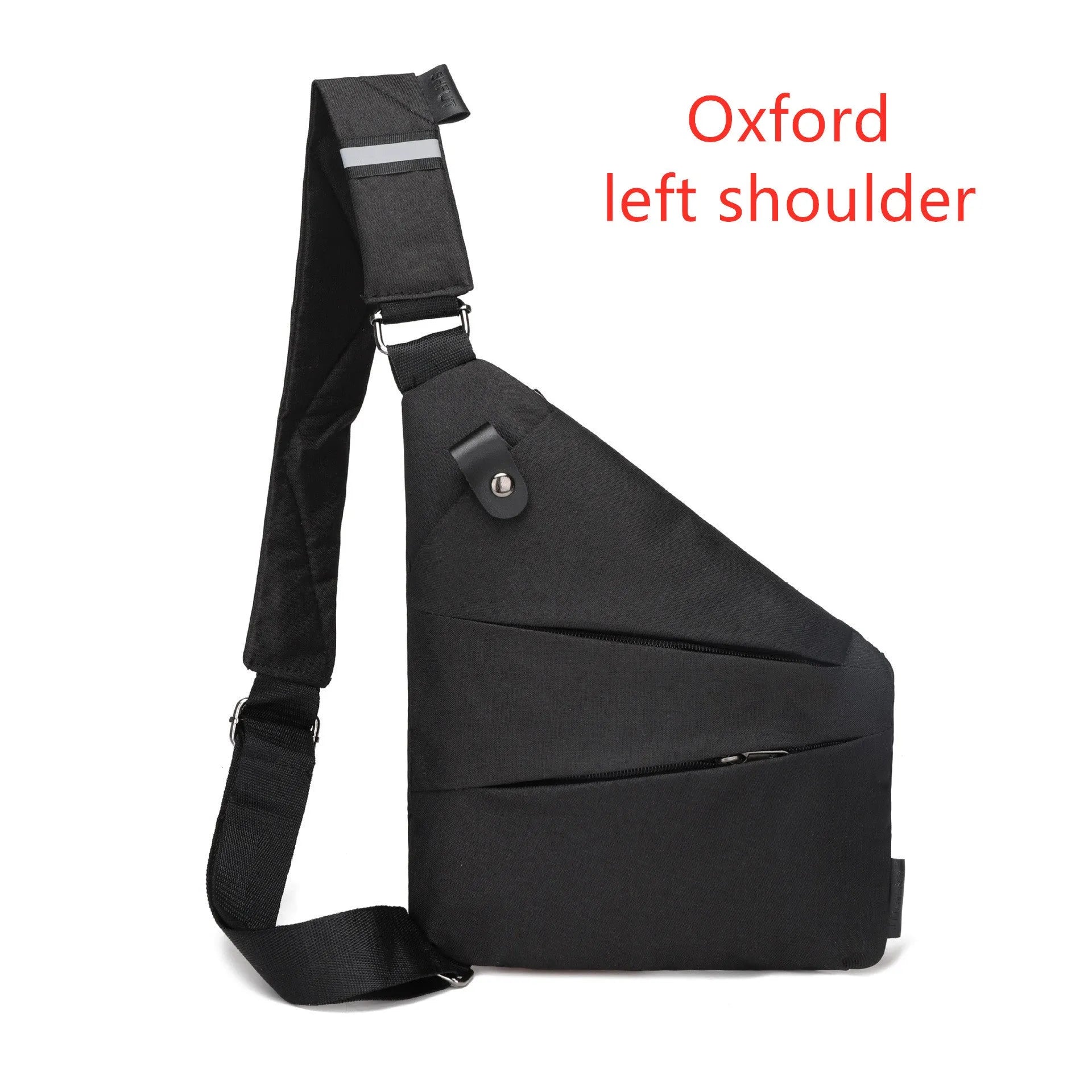 Canvas chest bag for men in black Oxford cloth with zipper closure, worn across the chest for anti-theft security
