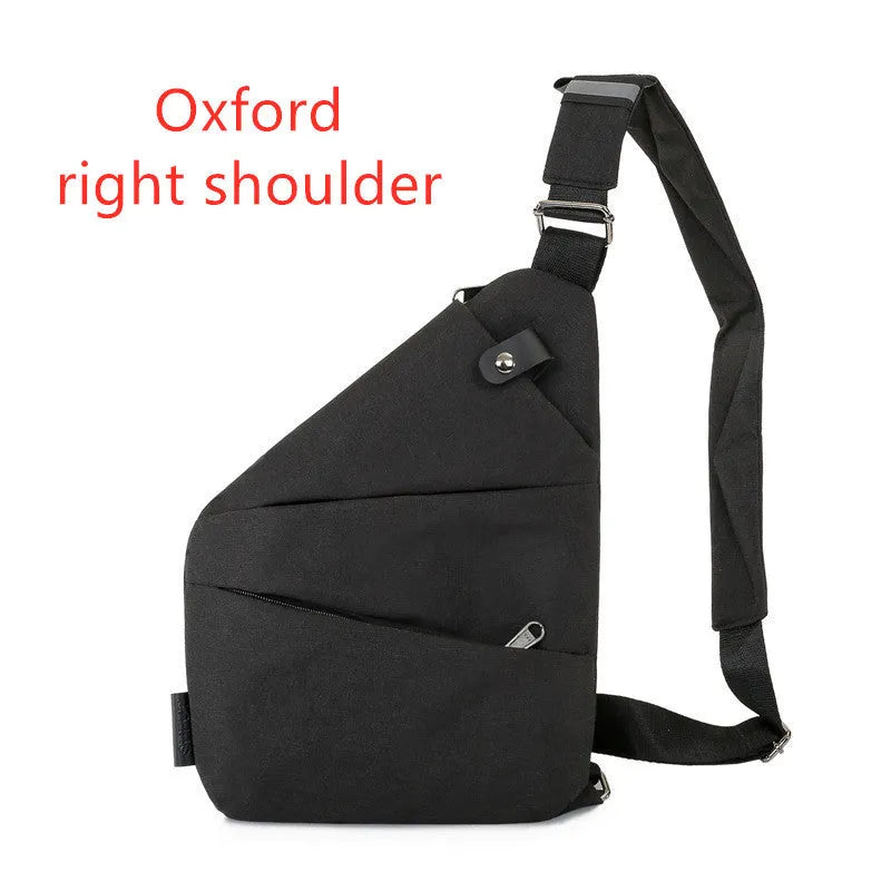 Canvas chest bag for men in black Oxford cloth with zipper closure, worn across the chest for anti-theft security