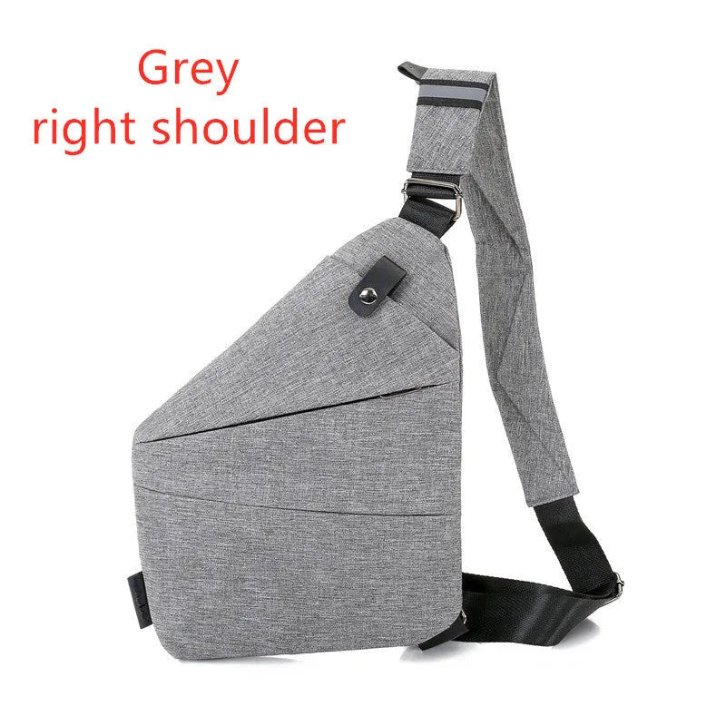 Canvas chest bag for men in black Oxford cloth with zipper closure, worn across the chest for anti-theft security