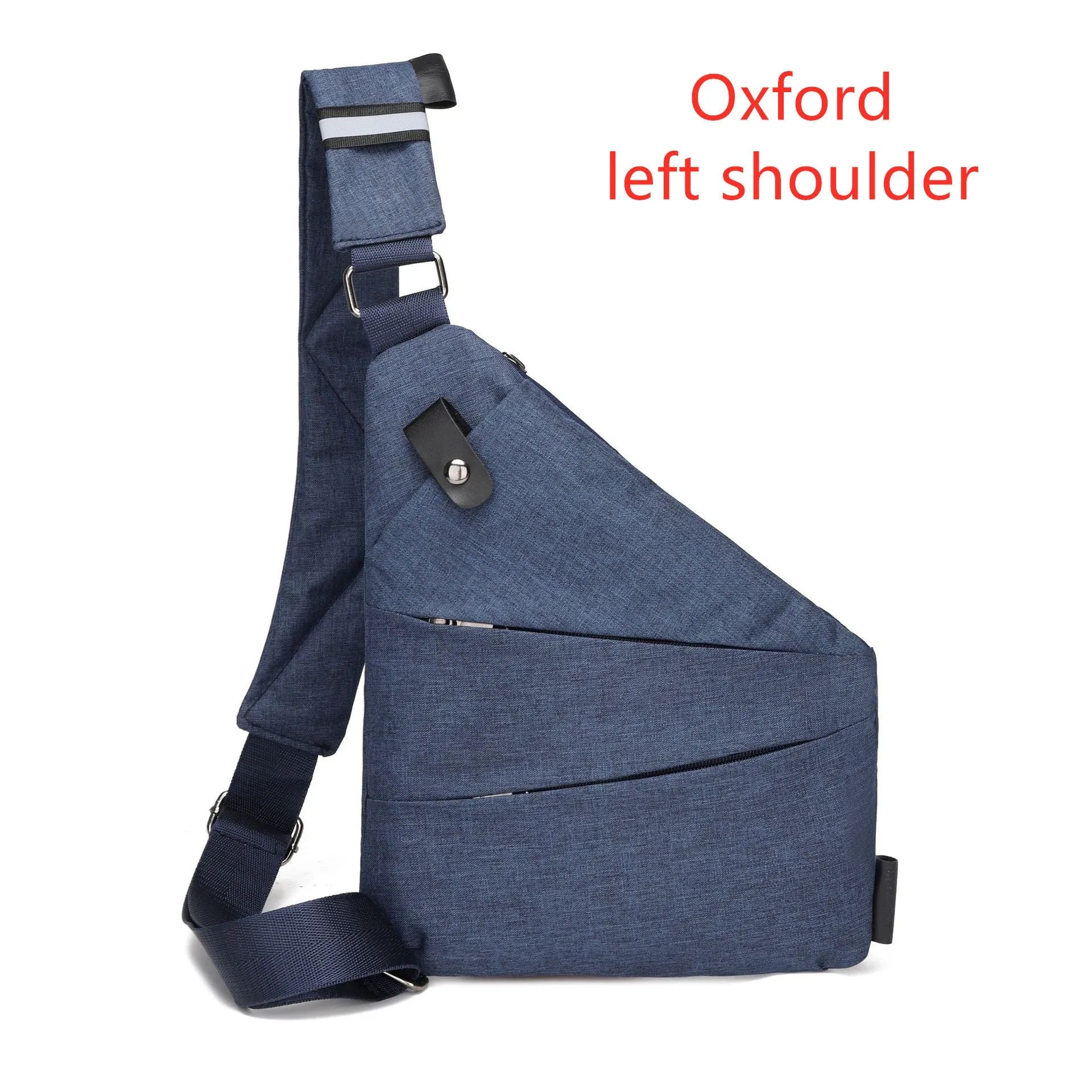 Canvas chest bag for men in black Oxford cloth with zipper closure, worn across the chest for anti-theft security