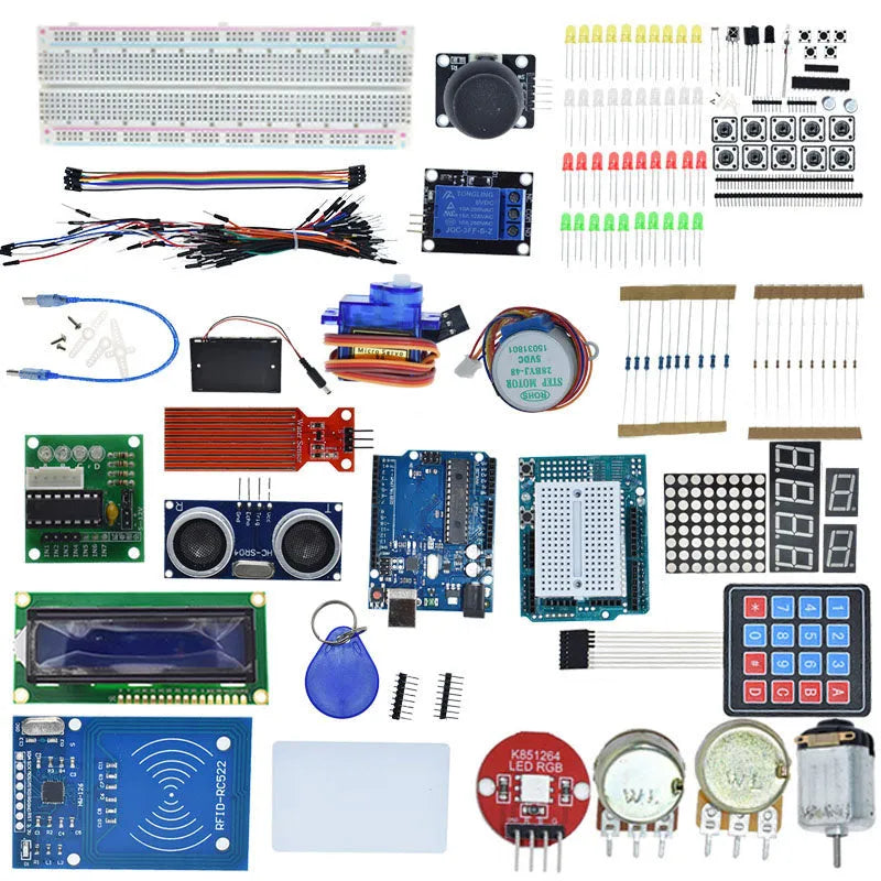 Arduino Uno R3 starter kit with RFID module and sensors in a white plastic box.