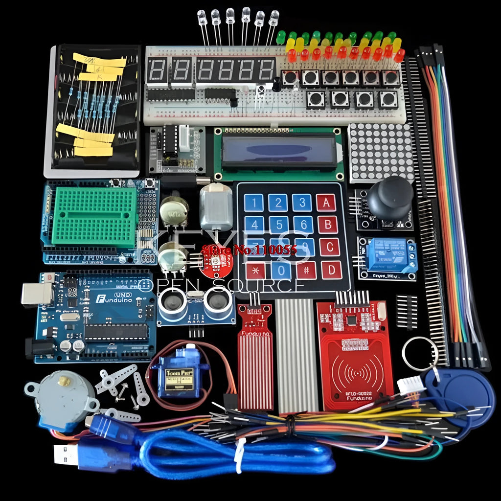 Arduino Uno R3 starter kit with RFID module and sensors in a white plastic box.