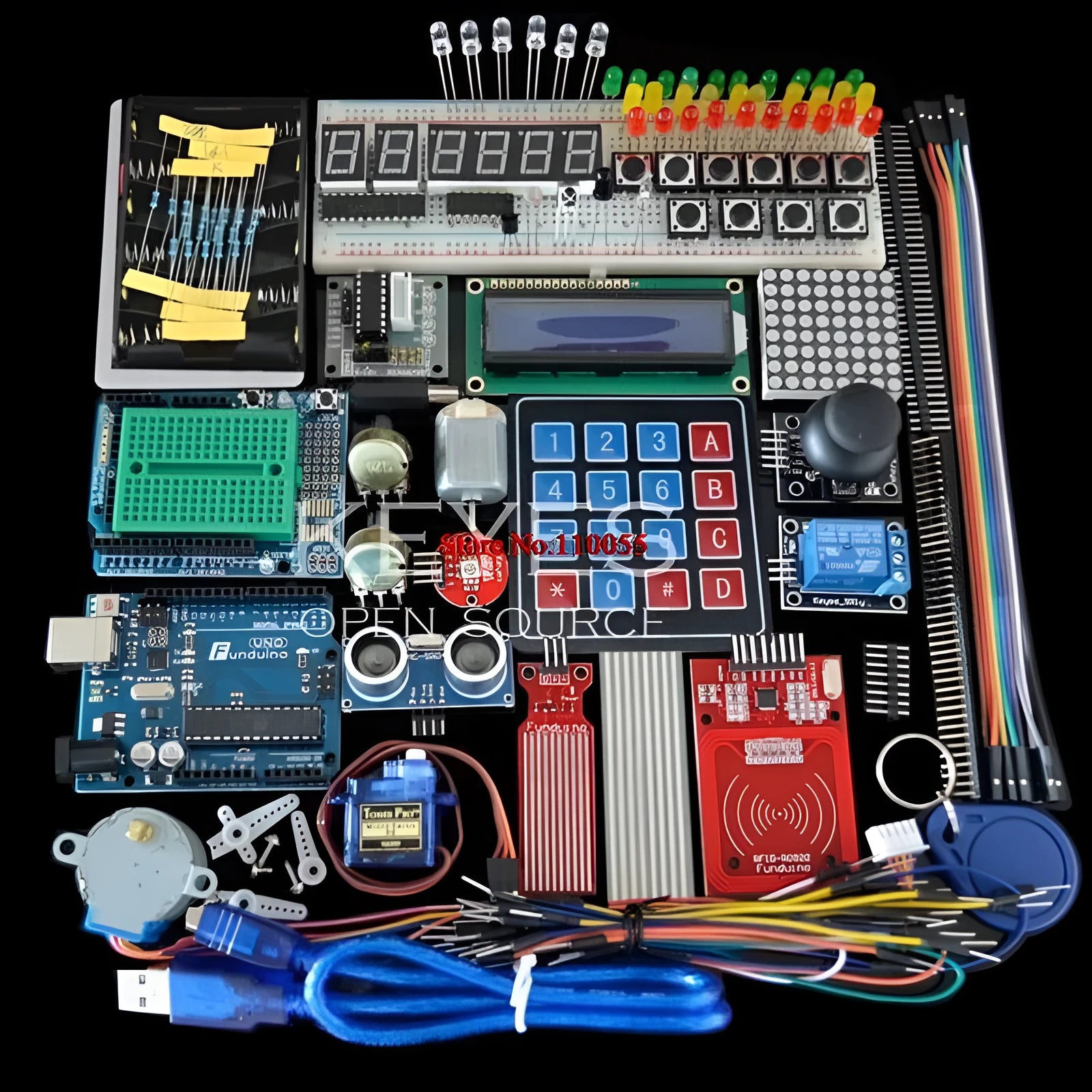 Arduino Uno R3 starter kit with RFID module and sensors in a white plastic box.