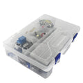 Arduino Uno R3 starter kit with RFID module and sensors in a white plastic box.