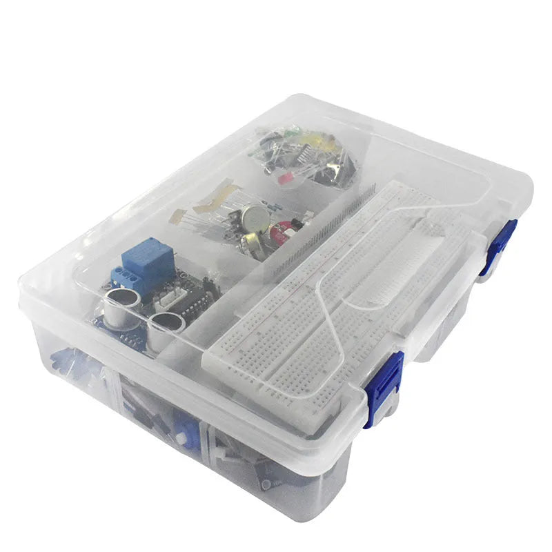 Arduino Uno R3 starter kit with RFID module and sensors in a white plastic box.