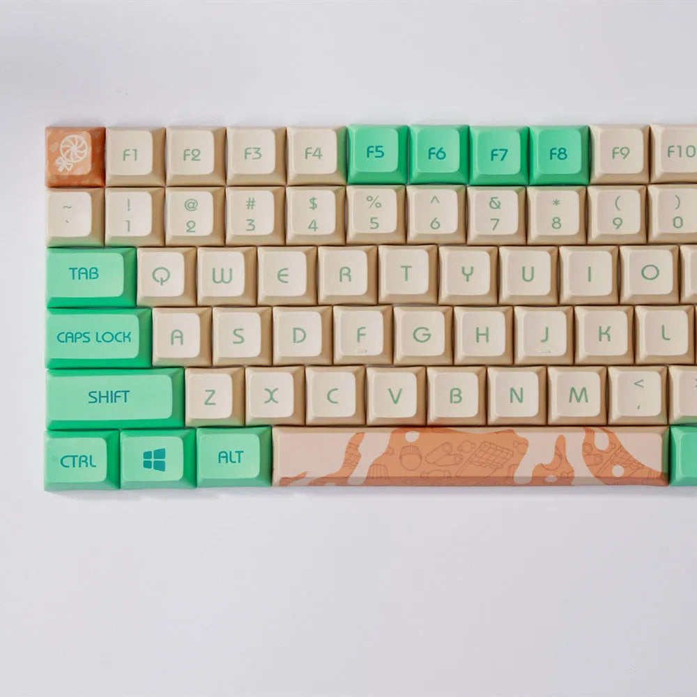 Mint toffee coloured DSA profile PBT keycap set arranged for an XDA104 mechanical keyboard.