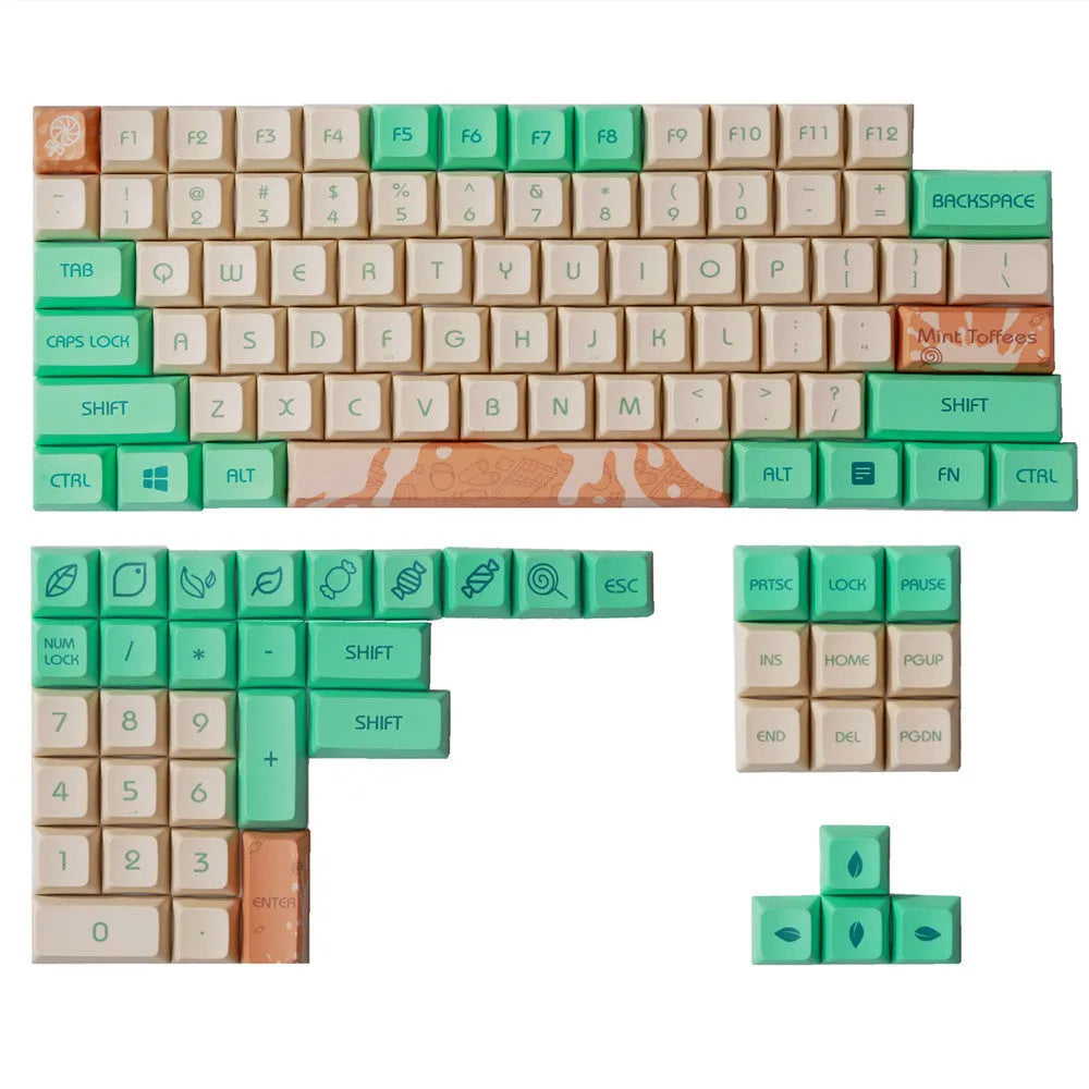 Mint toffee coloured DSA profile PBT keycap set arranged for an XDA104 mechanical keyboard.