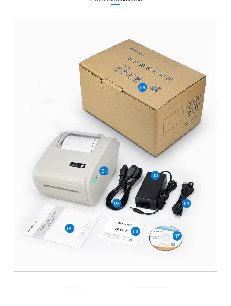ZJ-9210 direct thermal label printer printing a 4x6 shipping label on a desk with USB cable