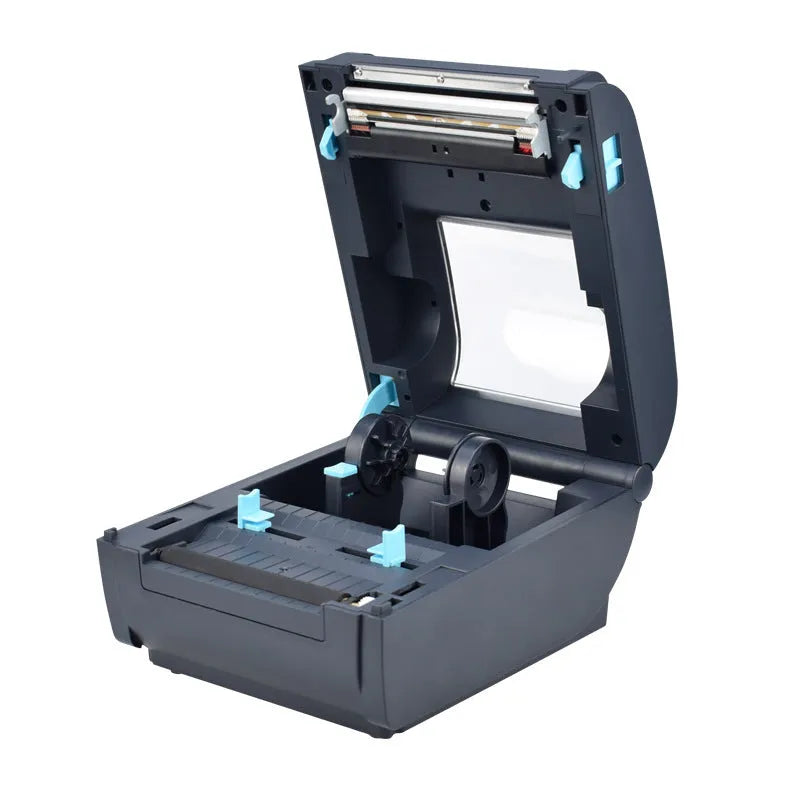 ZJ-9210 direct thermal label printer printing a 4x6 shipping label on a desk with USB cable