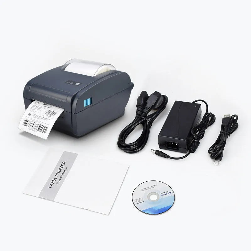 ZJ-9210 direct thermal label printer printing a 4x6 shipping label on a desk with USB cable