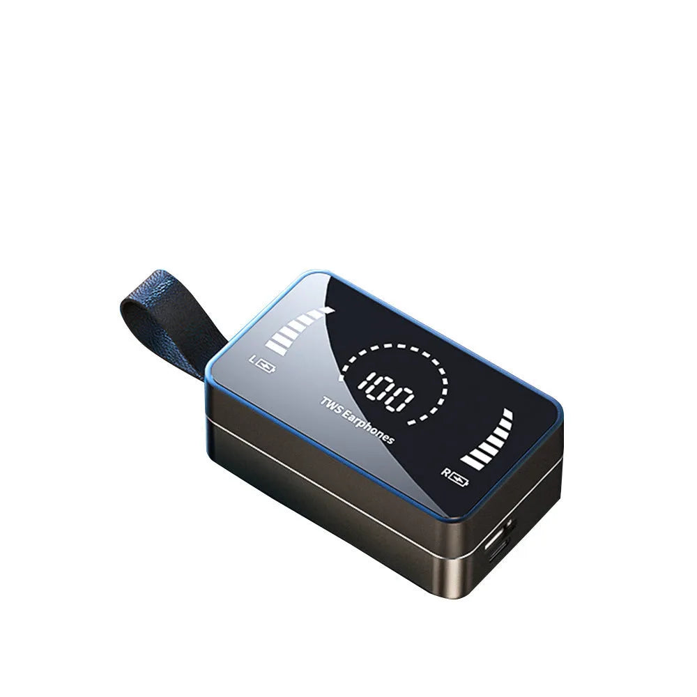 Bluetooth 5.0 earphones with 3500 mAh charging box, two headphones, six ear caps, black or white, sports design.