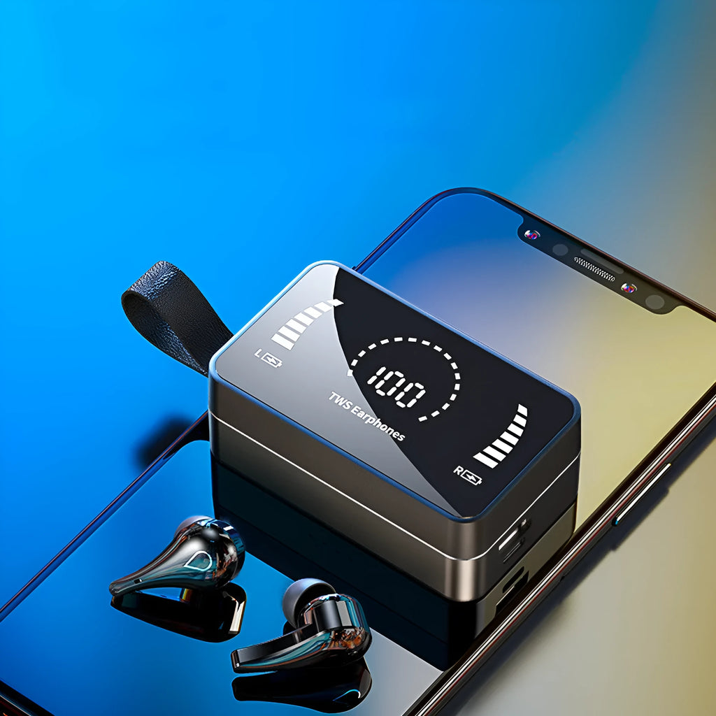 Bluetooth 5.0 earphones with 3500 mAh charging box, two headphones, six ear caps, black or white, sports design.