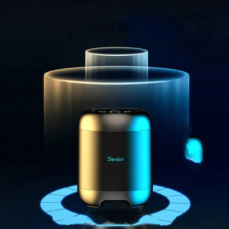 Small black or white cube-shaped Bluetooth speaker with SD card slot and USB port for charging.