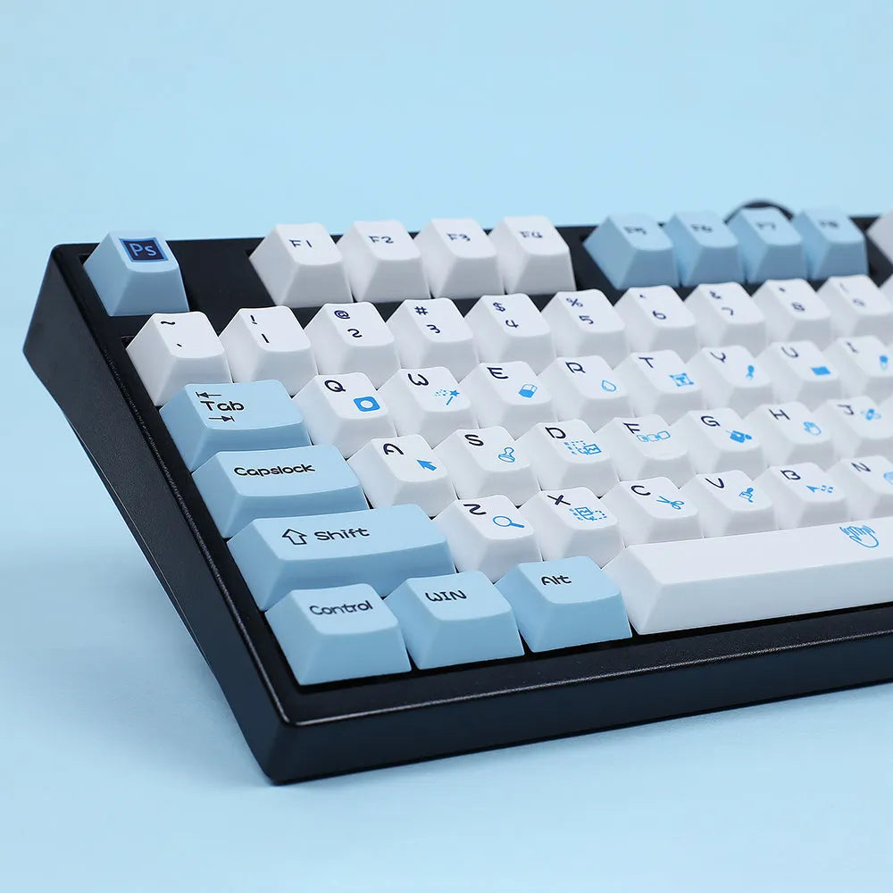108-key PS theme mechanical keyboard keycap set in blue and white or grey and white with sublimation printing.