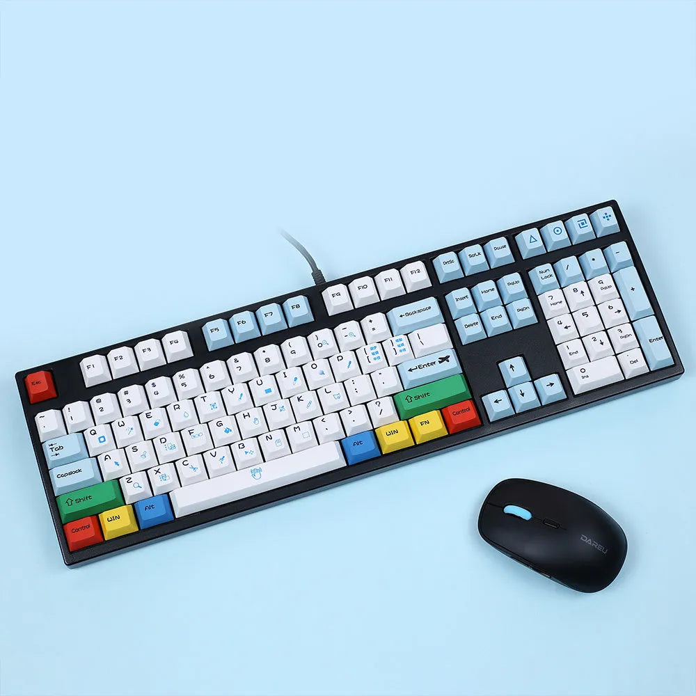 108-key PS theme mechanical keyboard keycap set in blue and white or grey and white with sublimation printing.