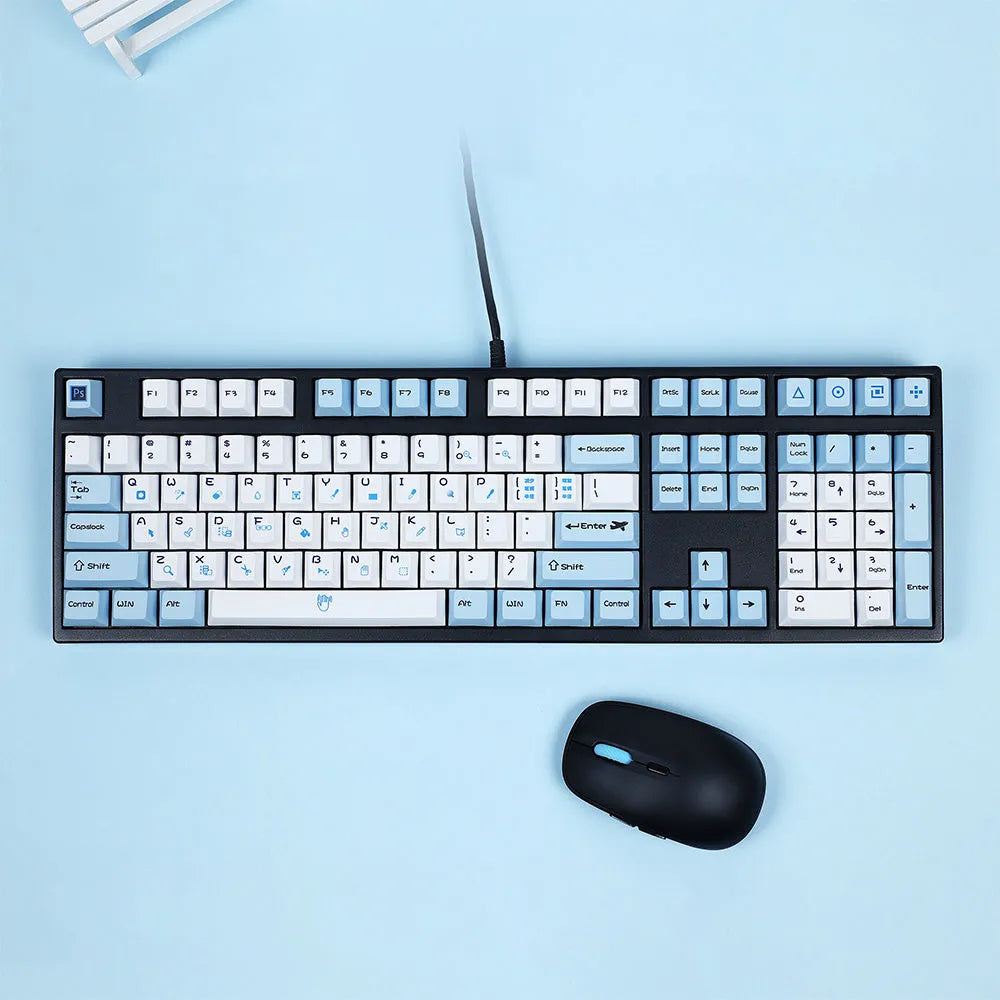 108-key PS theme mechanical keyboard keycap set in blue and white or grey and white with sublimation printing.